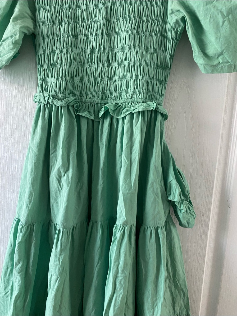 &Merci Sage Green Smocked Open Tie Back Tiered Puff Sleeve Coquette Midi Dress S - Picture 5 of 14